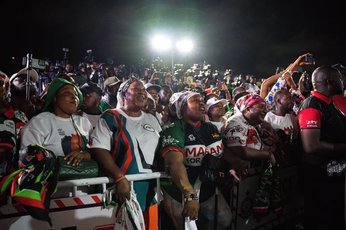 Ghana, Accra, 2024-12-7. Supporters of John Dramani Mahama gather for a speech after the Electoral commission announced him as the newly elected president of Ghana.